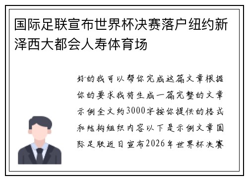 国际足联宣布世界杯决赛落户纽约新泽西大都会人寿体育场